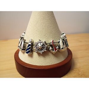 Cute Vintage Nautical Charm Slider Bracelet with Sailboat, Lighthouse and Anchor